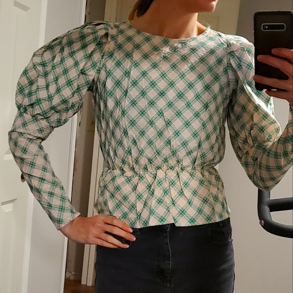 DAISY STREET Peplum Top Balloon Sleeve Plaid Open Back Cropped